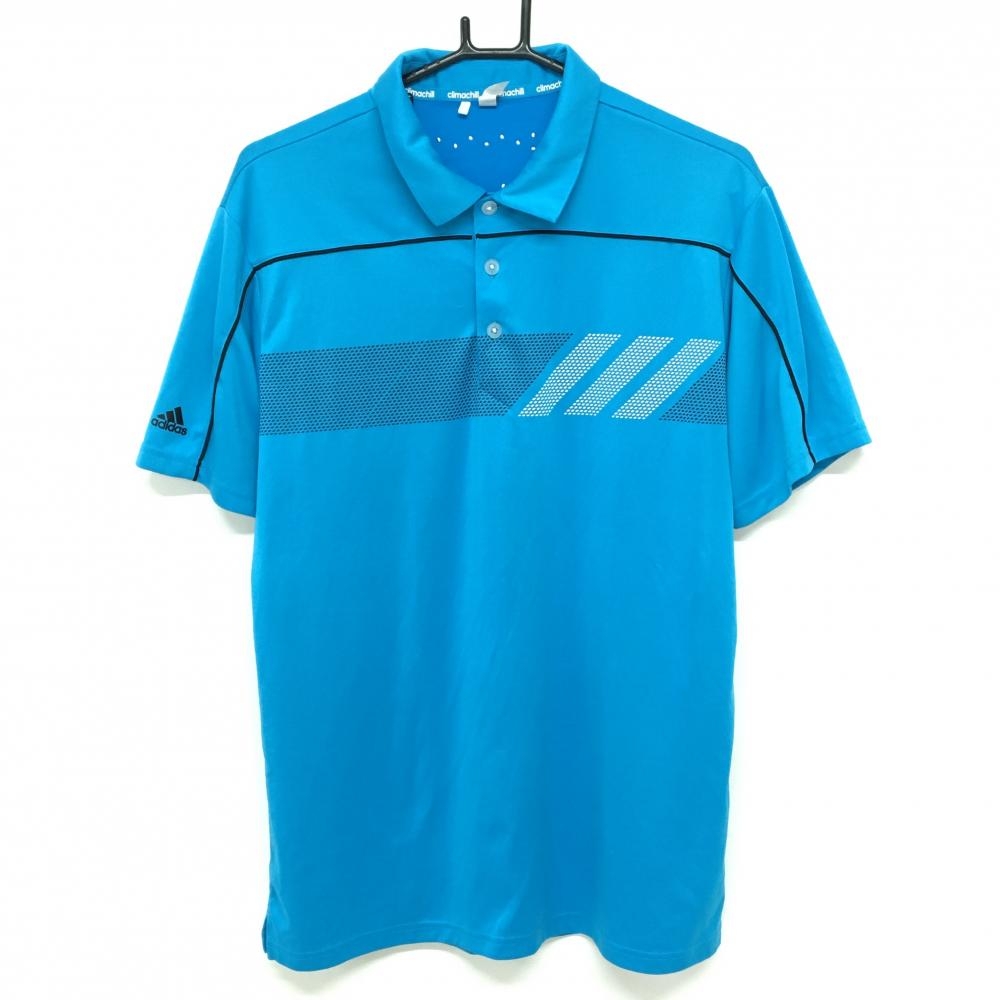 アディダス 半袖ポロシャツ ブルー×黒 フロント柄 内側一部スタッズ climachill メンズ XO/XXG(2XL) ゴルフウェア 大きいサイズ adidas