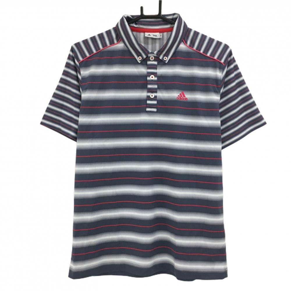 【超美品】アディダス 半袖ポロシャツ グレー×白×レッド ボーダー ボタンダウン　 メンズ L/G ゴルフウェア adidas