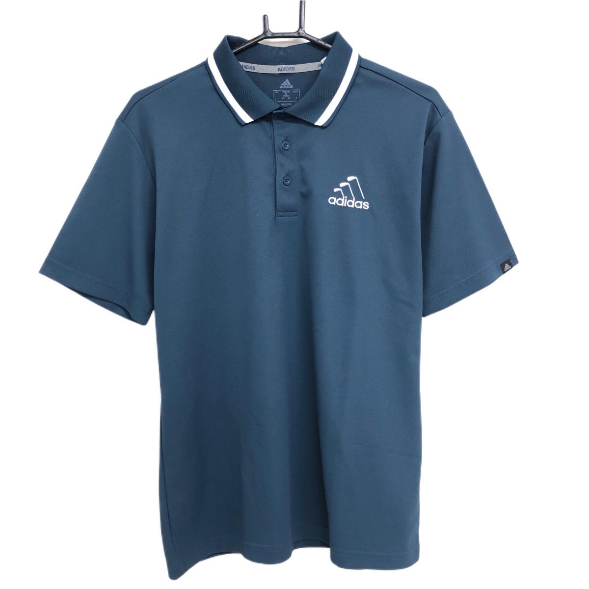 【美品】アディダス 半袖ポロシャツ ネイビー×白 ロゴ刺しゅう 襟ライン メンズ L ゴルフウェア adidas