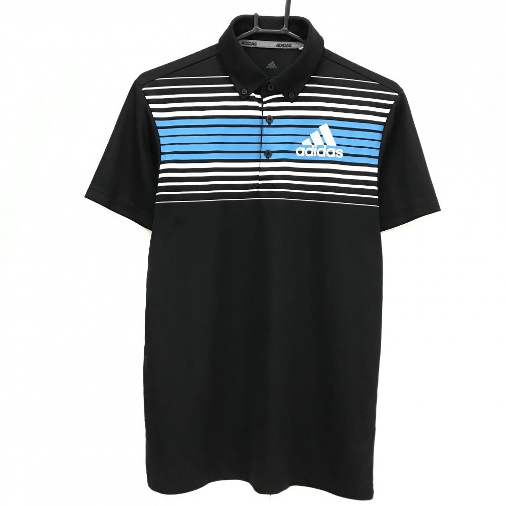 【美品】アディダス 半袖ポロシャツ 黒×白 上部ボーダー ボタンダウン  メンズ Ｍ ゴルフウェア adidas