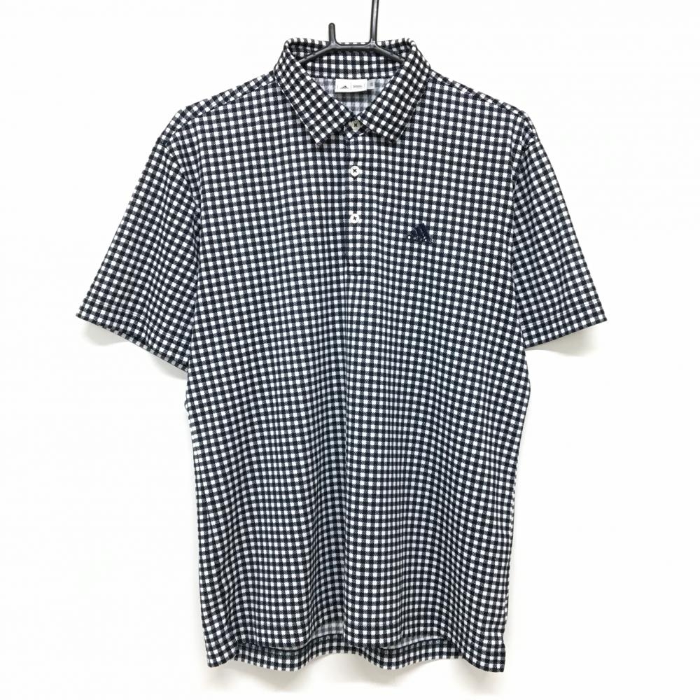 【超美品】アディダス 半袖ポロシャツ 白×黒 チェック柄 ロゴ刺しゅう メンズ L/G ゴルフウェア adidas