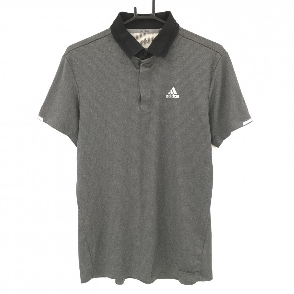 【美品】アディダス 半袖ポロシャツ 杢グレー×黒 ロゴ・袖口一部ラインシルバー  メンズ M ゴルフウェア adidas