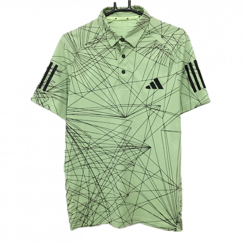 【美品】アディダス 半袖ポロシャツ ライトグリーン×ダークグレー 総柄 袖3ライン 胸ロゴ  メンズ L ゴルフウェア adidas