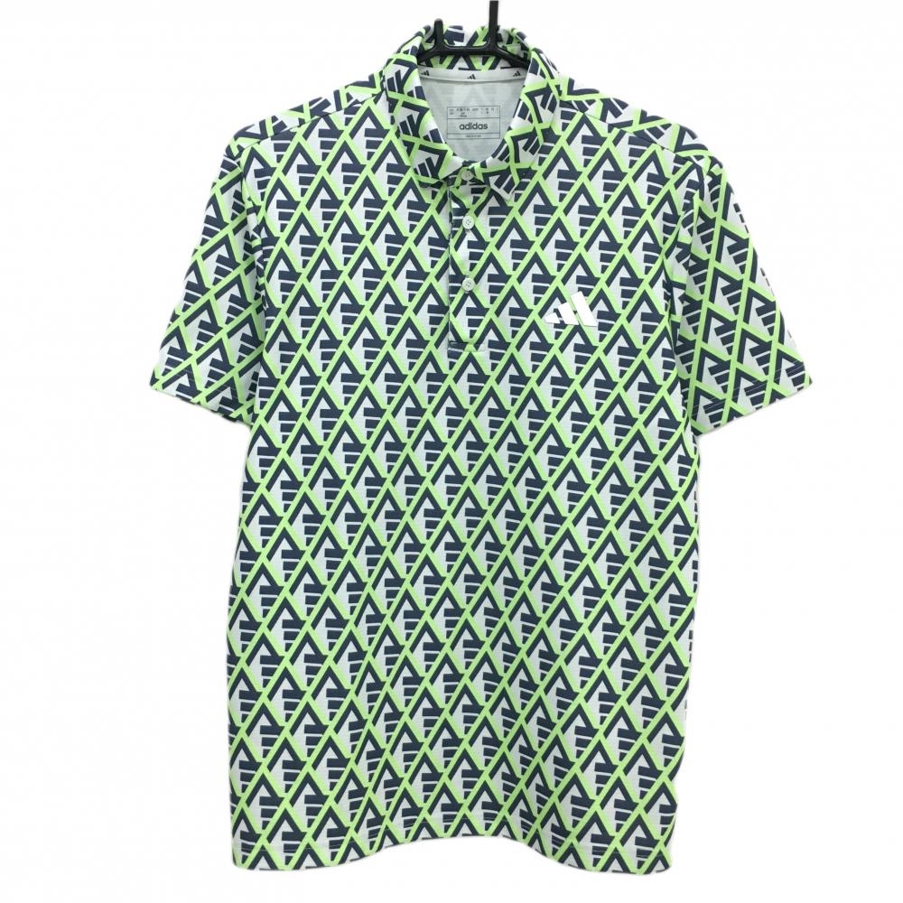 【超美品】アディダス 半袖ポロシャツ 白×ネイビー×ライトグリーン 総柄 胸ロゴ メンズ L ゴルフウェア adidas