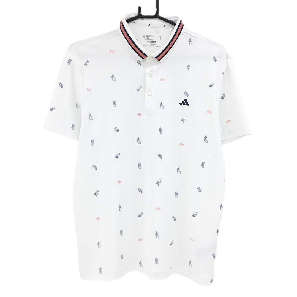 【美品】アディダス 半袖ポロシャツ 白×ネイビー×サーモンピンク 総柄 胸ロゴ メンズ L ゴルフウェア adidas