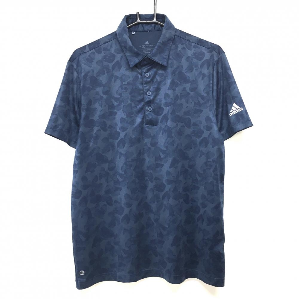 【超美品】アディダス 半袖ポロシャツ ネイビー 総柄 袖ロゴ メンズ L ゴルフウェア adidas