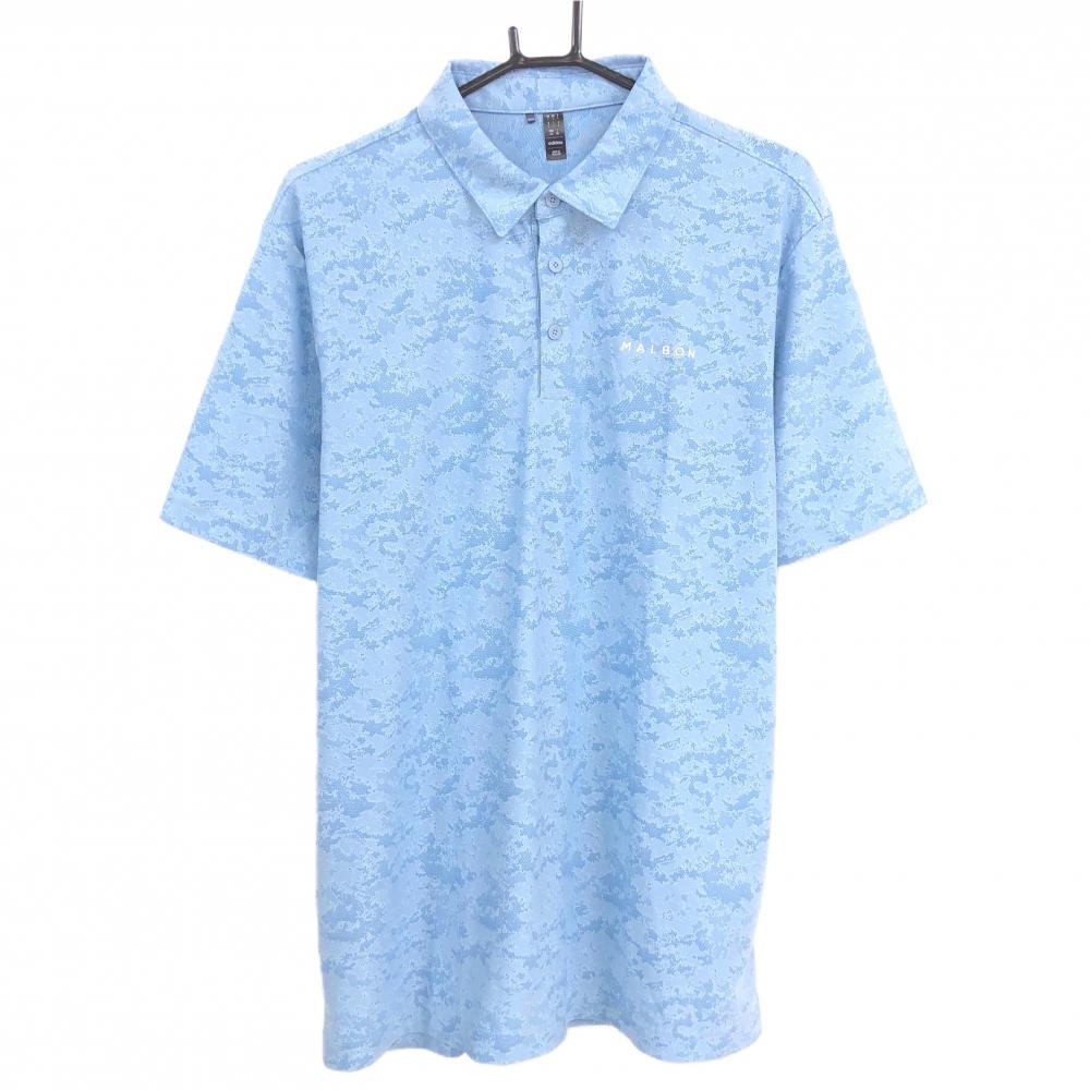【超美品】アディダス×マルボン 半袖ポロシャツ ライトブルー 総柄 胸刺しゅう メンズ 2XL ゴルフウェア adidas