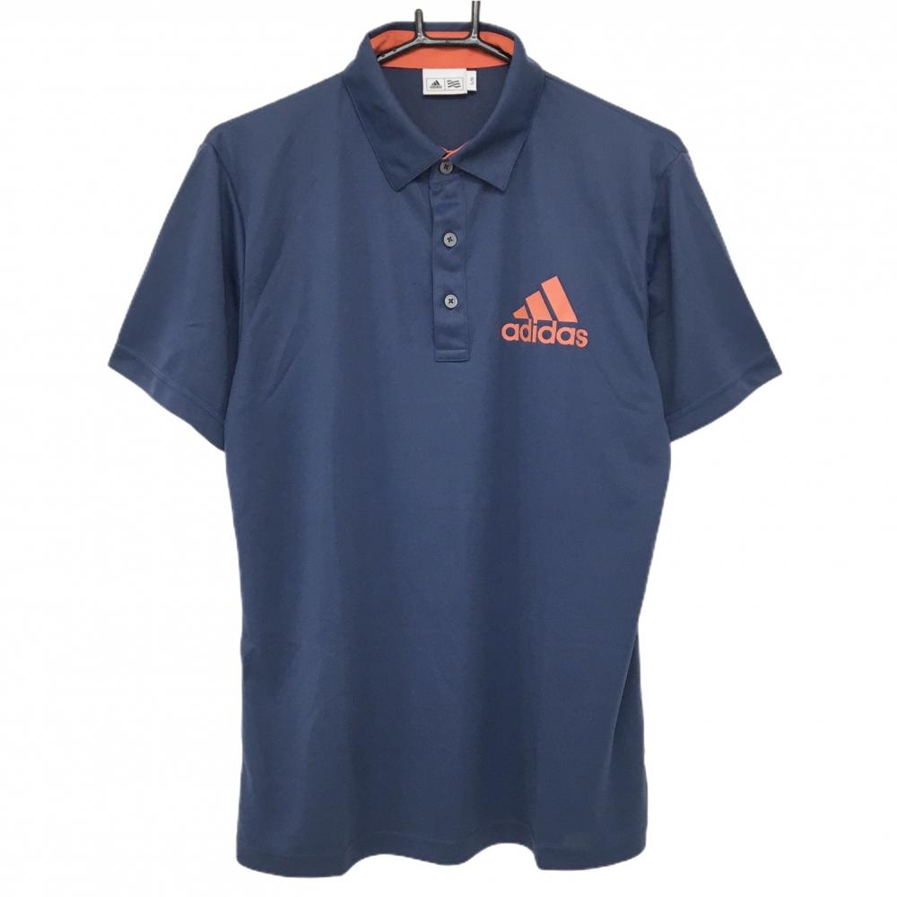 【美品】アディダス 半袖ポロシャツ ネイビー×オレンジ ロゴプリント メンズ L/G ゴルフウェア adidas