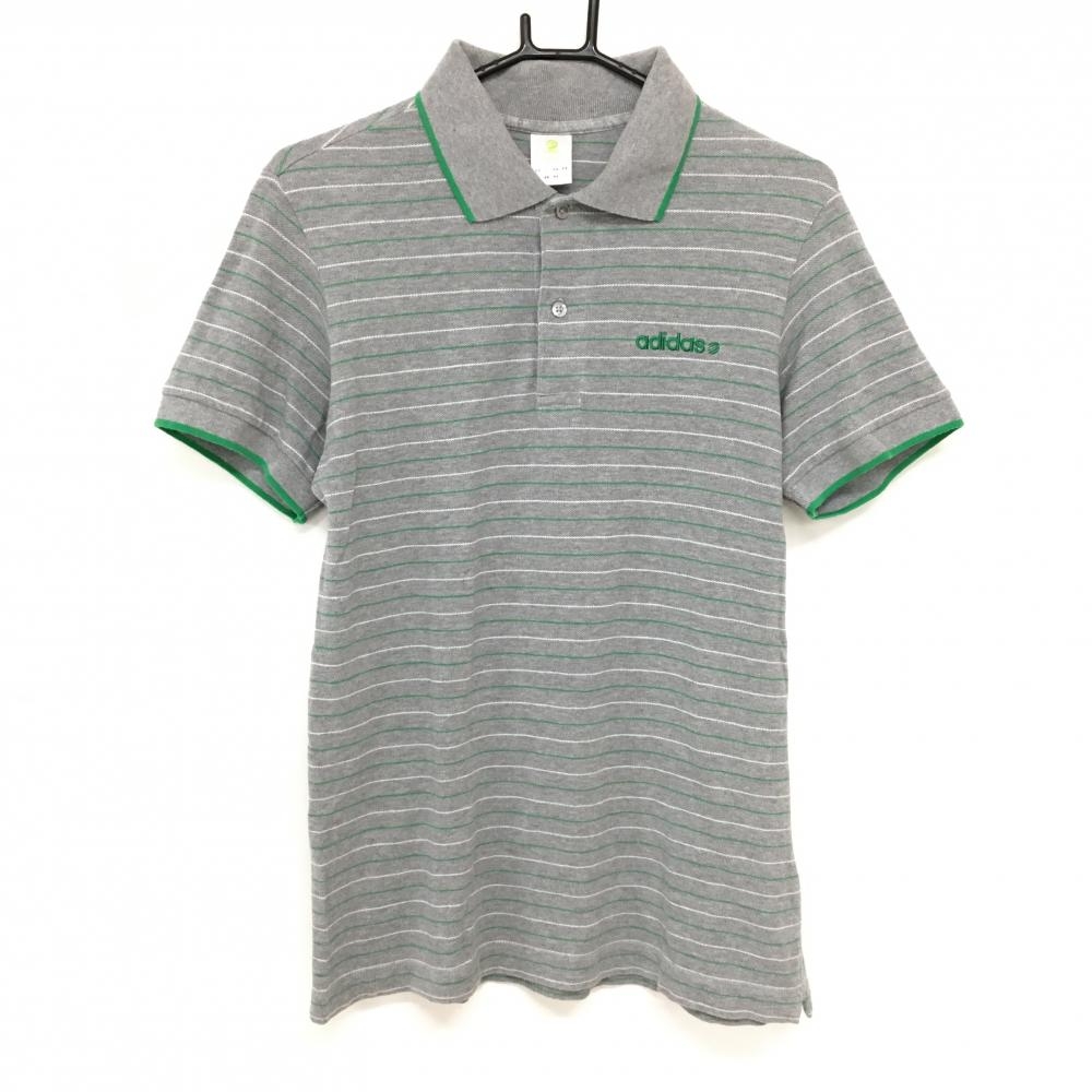 【美品】アディダスネオ 半袖ポロシャツ 杢グレー×グリーン×白 ボーダー メンズ M ゴルフウェア adidas