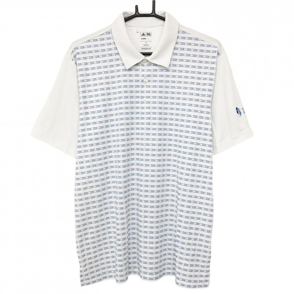 アディダス 半袖ポロシャツ 白×ライトブルー 前身頃総柄 ワイレア ハワイ メンズ M ゴルフウェア adidas