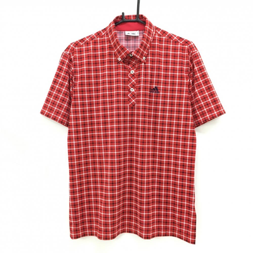 【超美品】アディダス 半袖ポロシャツ レッド×白 チェック柄 ボタンダウン ロゴ刺しゅう メンズ L/G ゴルフウェア adidas