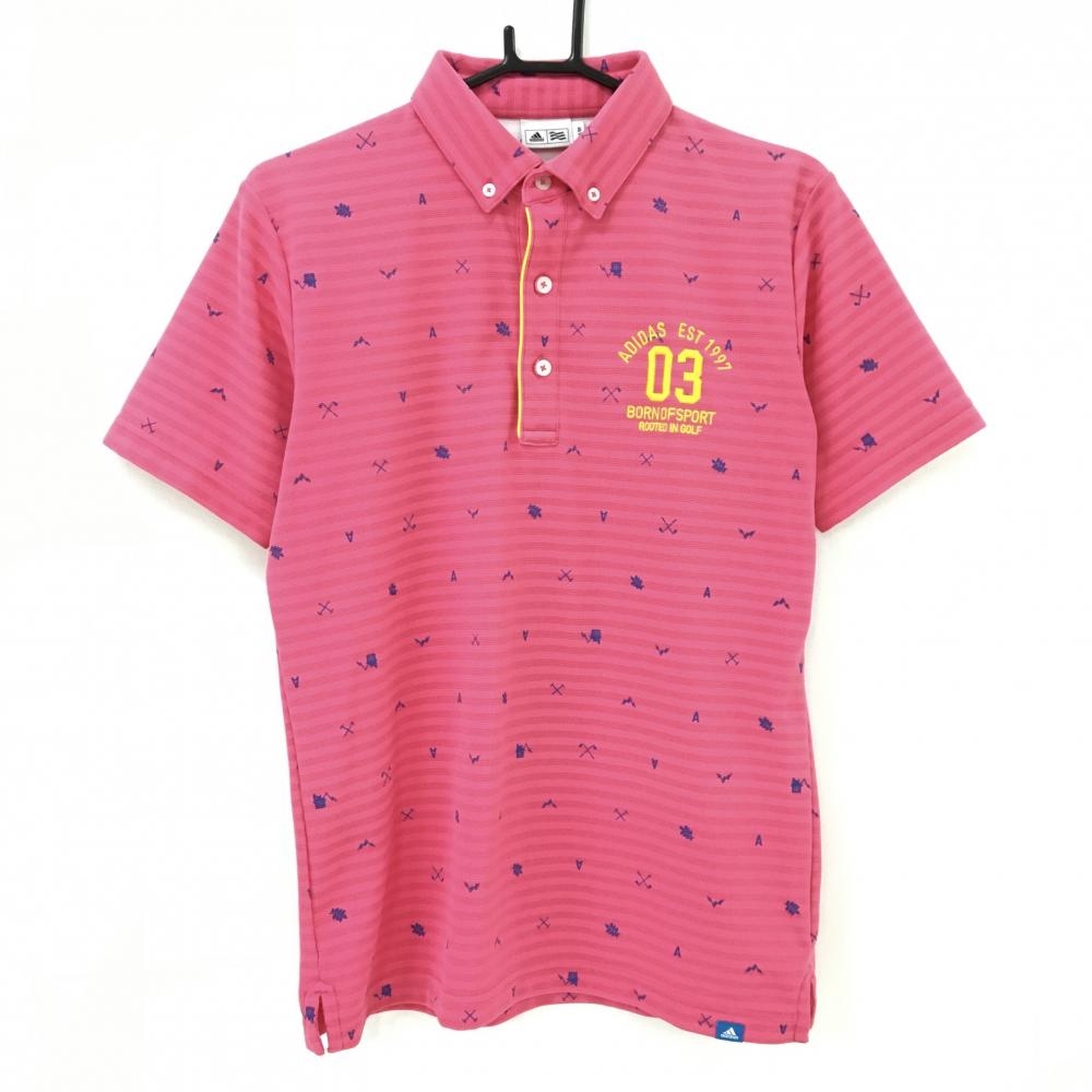【美品】アディダス 半袖ポロシャツ ピンク×ネイビー ボーダー地模様 総柄 ボタンダウン メンズ M/M ゴルフウェア adidas