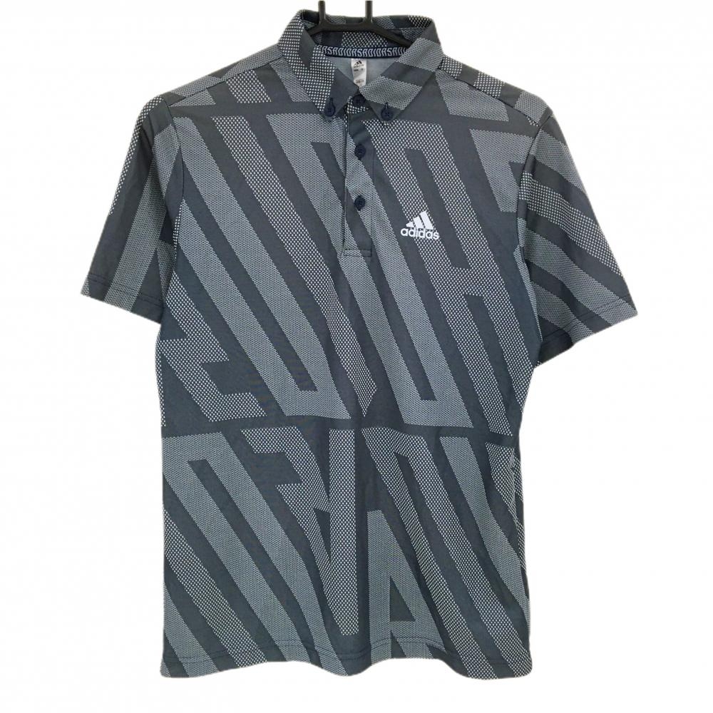 アディダス 半袖ポロシャツ グレー×ダークグレー 総柄 胸元ロゴ メンズ S ゴルフウェア adidas