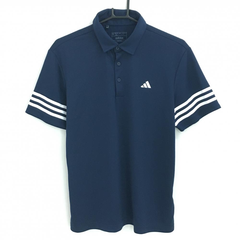 【超美品】アディダス 半袖ポロシャツ ネイビー×白 袖3ライン  メンズ L ゴルフウェア 2024年モデル adidas