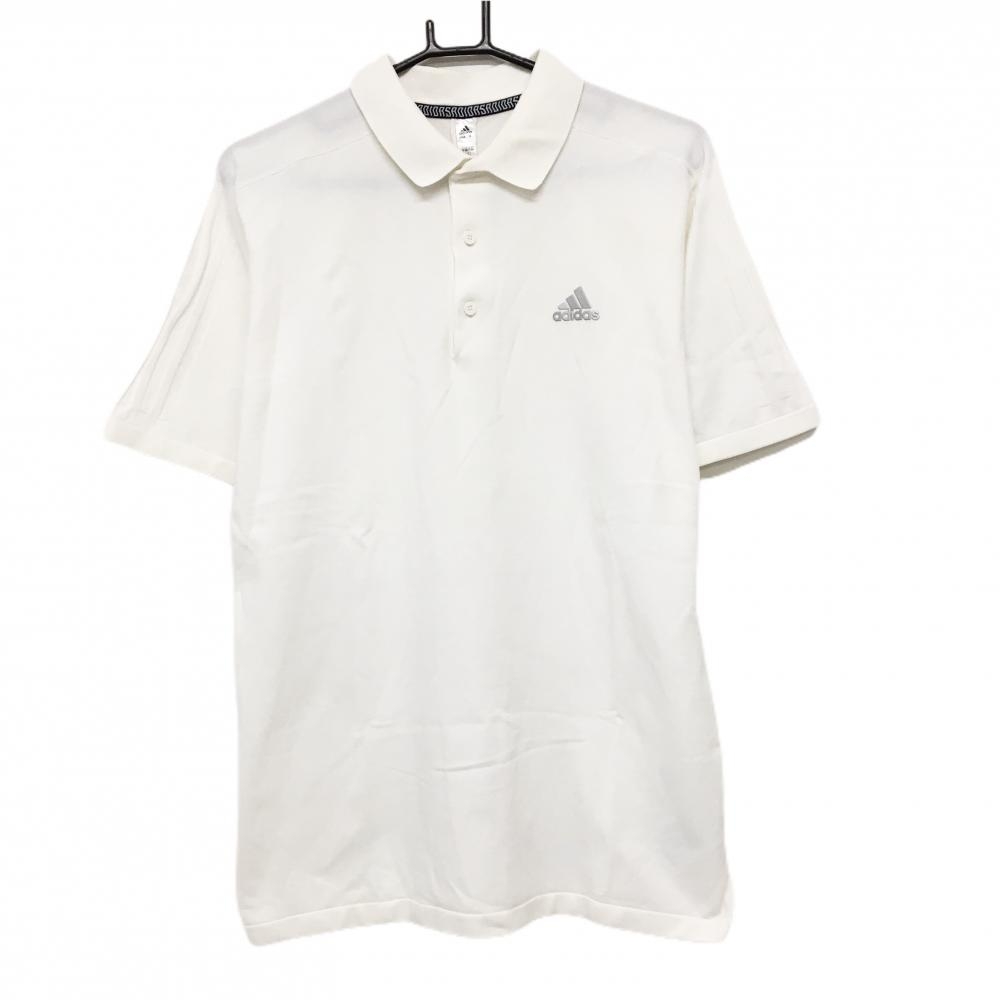 アディダス 半袖ニットポロシャツ 白 胸元ロゴ 袖3ライン 背面下部メッシュ調編み  メンズ O(XL) ゴルフウェア adidas