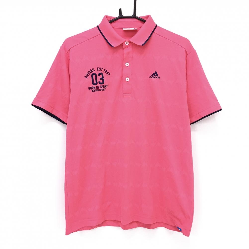 【超美品】アディダス 半袖ポロシャツ ピンク 総柄地模様 ロゴネイビー メンズ L/G ゴルフウェア adidas