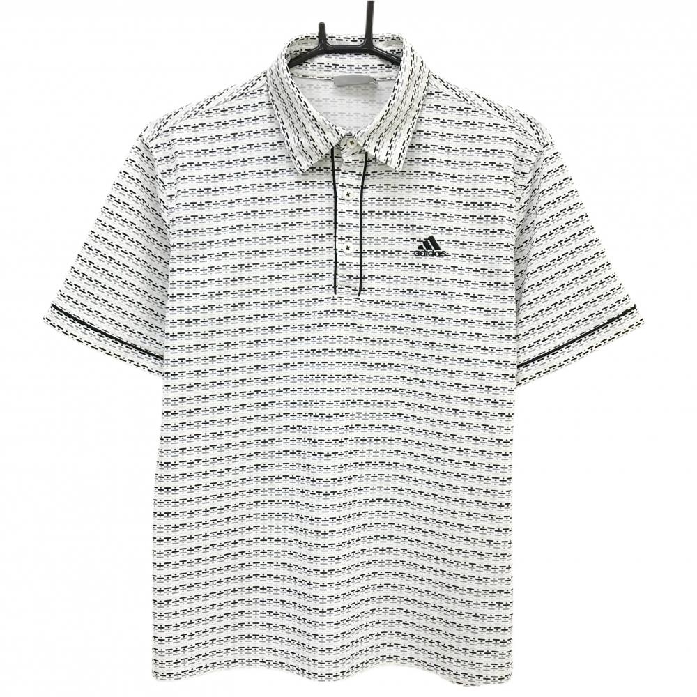 【超美品】アディダス 半袖ポロシャツ 白×黒×ベージュ 総柄 ロゴ刺しゅう メンズ L/G ゴルフウェア adidas