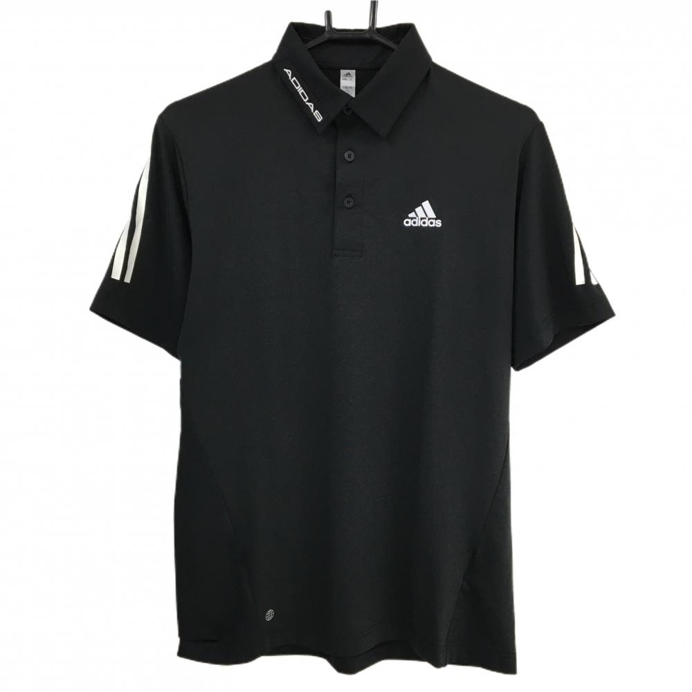 アディダス 半袖ポロシャツ 黒×白 袖3ライン ロゴプリント メンズ S ゴルフウェア adidas