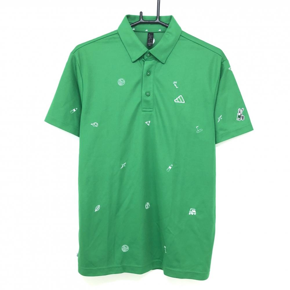 アディダス 半袖ポロシャツ グリーン×白 総柄刺しゅう ボタンダウン メンズ L ゴルフウェア adidas