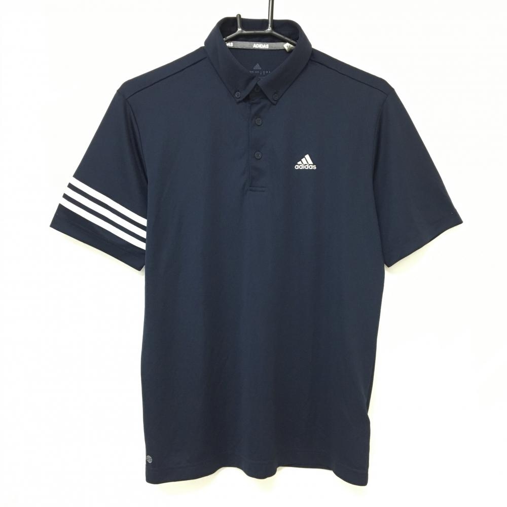 【美品】アディダス 半袖ポロシャツ ネイビー×白 袖三本線 ボタンダウン メンズ M ゴルフウェア adidas