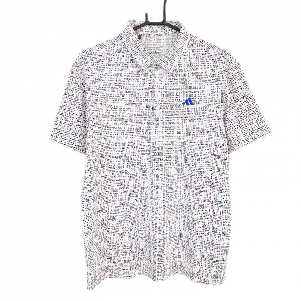 【超美品】アディダス 半袖ポロシャツ 白×ブルー×レッド 総柄 ストレッチ  メンズ XL ゴルフウェア adidas