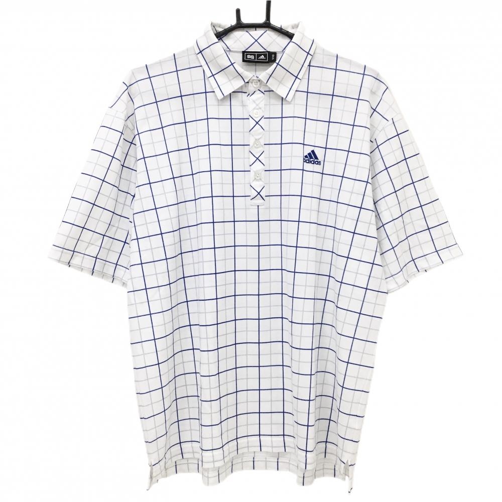 【美品】アディダス 半袖ポロシャツ 白×ブルー×ライトグレー チェック 胸ロゴ  メンズ O/XG(XL) ゴルフウェア adidas