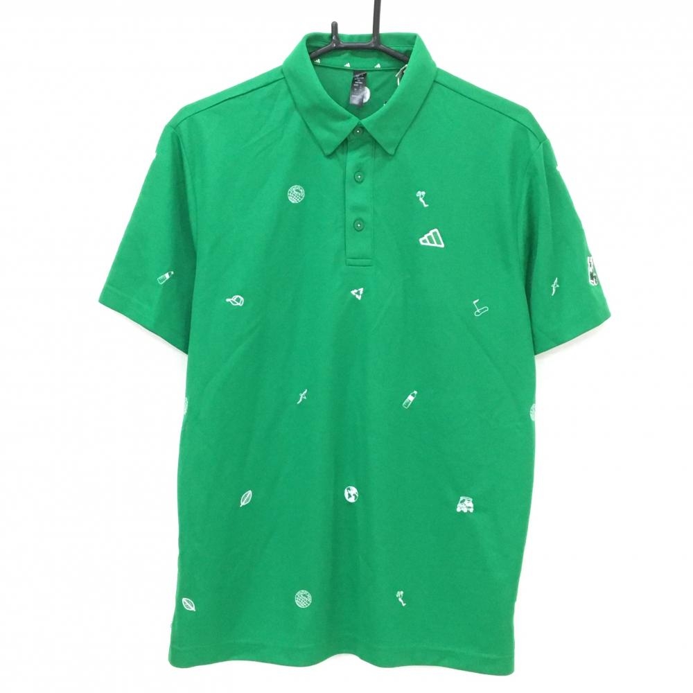 【新品】アディダス 半袖ポロシャツ グリーン×白 総柄刺しゅう メンズ XL ゴルフウェア adidas