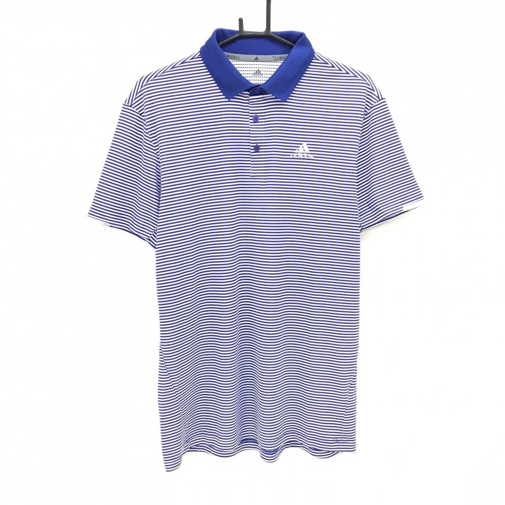 【超美品】アディダス 半袖ポロシャツ 白×ブルー ボーダー柄 立体ロゴ メンズ O ゴルフウェア adidas