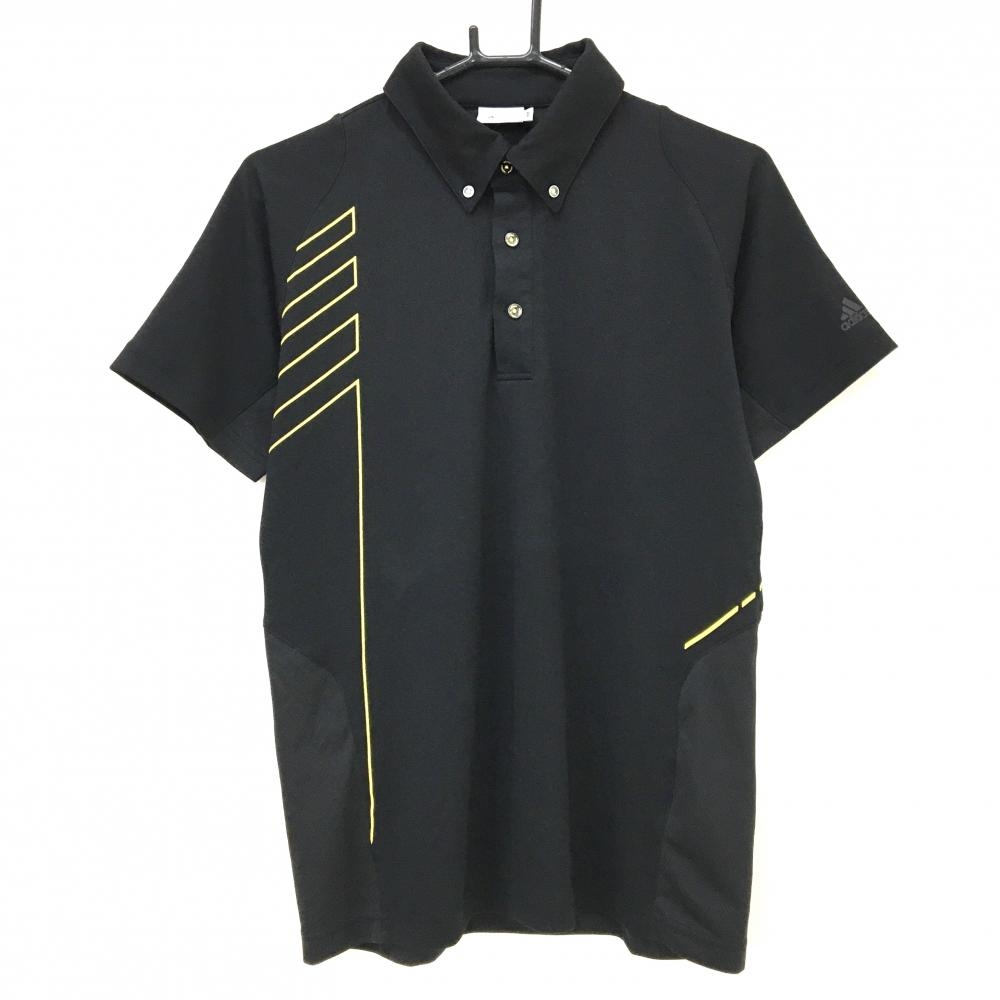 【美品】アディダス 半袖ポロシャツ 黒×イエロー ロゴプリント ボタンダウン  メンズ M/M ゴルフウェア adidas