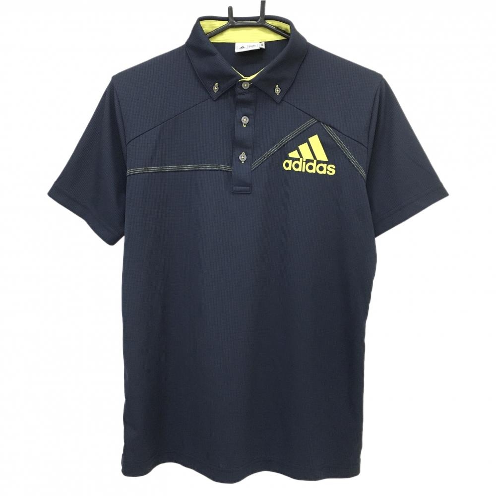 【超美品】アディダス 半袖ポロシャツ ネイビー×イエロー ステッチ ボタンダウン メンズ M/M ゴルフウェア adidas