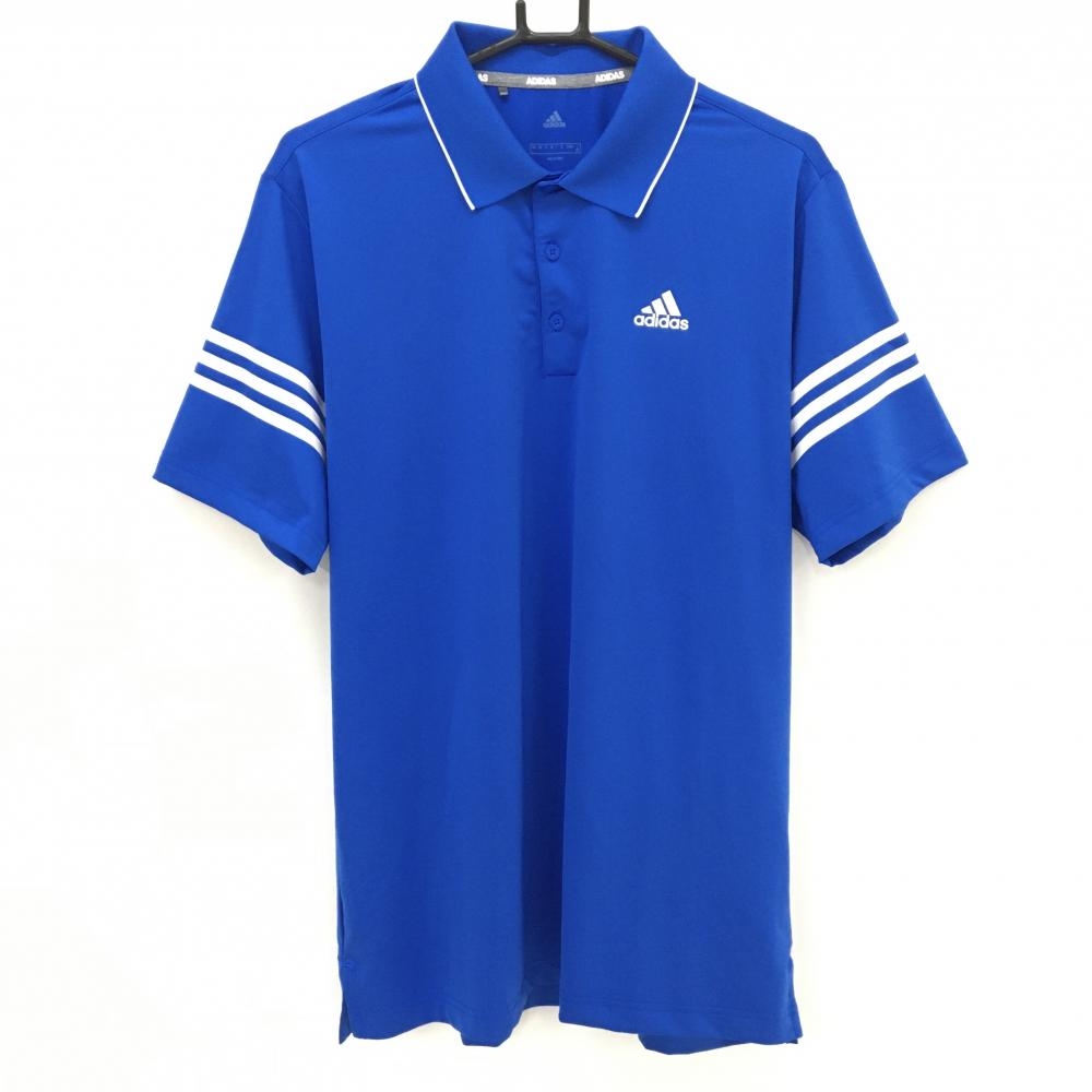 【超美品】アディダス 半袖ポロシャツ ブルー×白 胸ロゴ 袖3ライン メンズ XO ゴルフウェア 大きいサイズ adidas