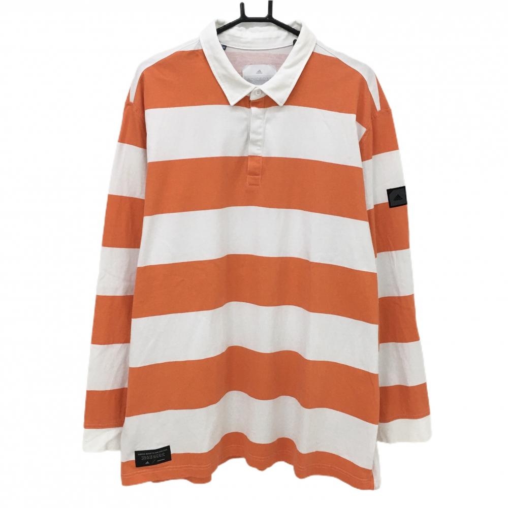 アディダス 長袖ポロシャツ 白×オレンジ ボーダー  メンズ 2XL ゴルフウェア 大きいサイズ adidas