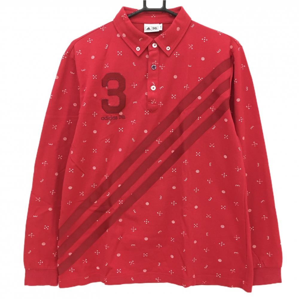 アディダス 長袖ポロシャツ レッド×白 総柄 斜め3ライン メンズ L/G ゴルフウェア adidas