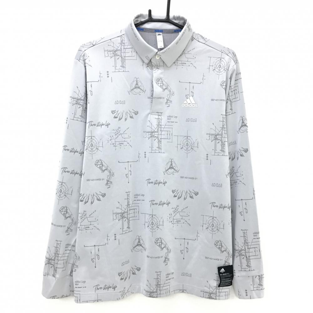 【美品】アディダス 長袖ポロシャツ ライトグレー×グレー 総柄 胸ロゴ 襟下スナップボタン メンズ O ゴルフウェア adidas