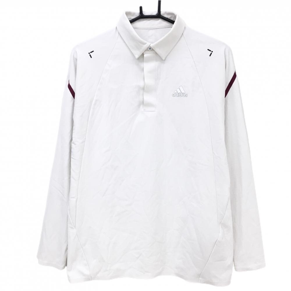 【美品】アディダス 長袖ポロシャツ 白 地模様 袖ラインボルドー ロゴ一部変色 メンズ L ゴルフウェア adidas