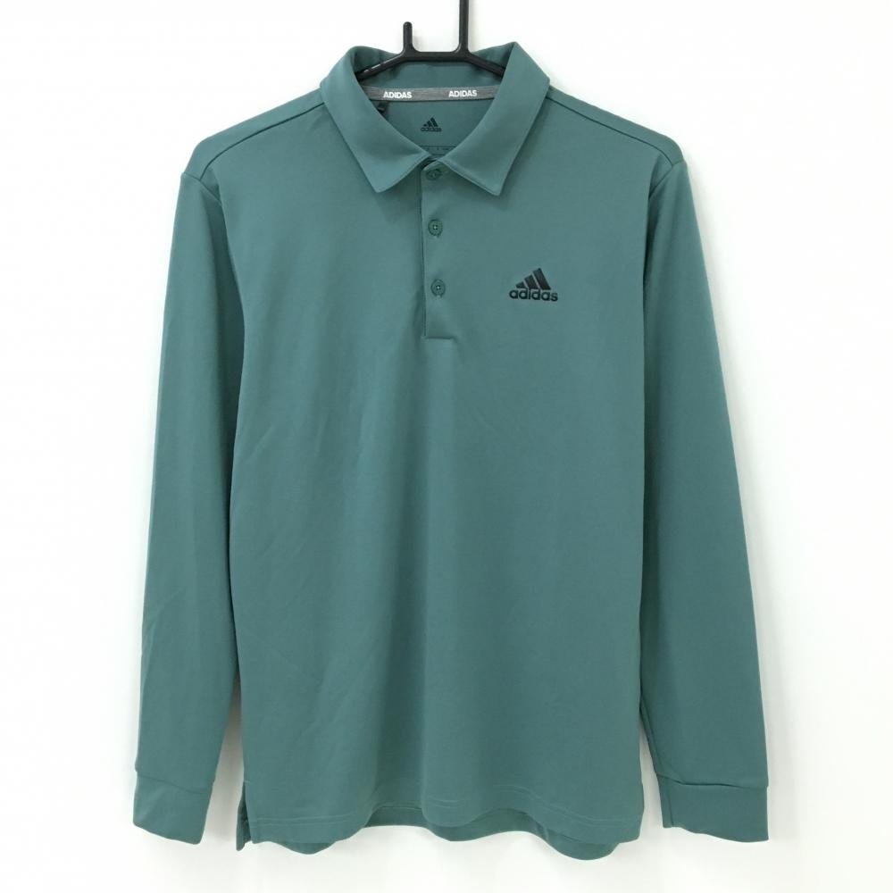 アディダス 長袖ポロシャツ グリーン系×黒 ロゴプリント  メンズ M ゴルフウェア adidas
