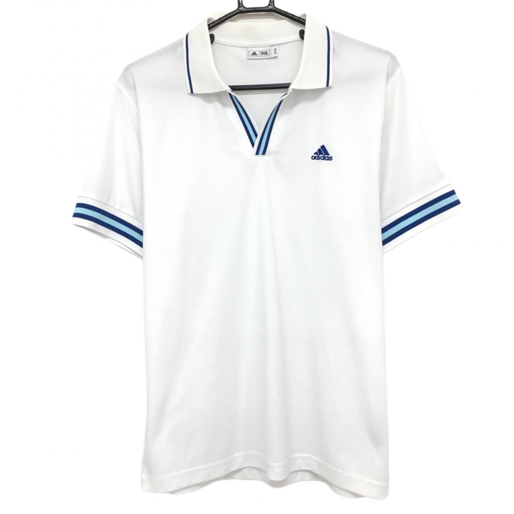 アディダス 半袖スキッパーシャツ 白×ブルー リブライン ロゴ刺しゅう  メンズ O/XG ゴルフウェア adidas 画像