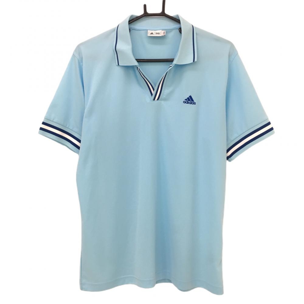 アディダス 半袖スキッパーシャツ ライツブルー×ネイビー リブライン ロゴ刺しゅう メンズ O/XG ゴルフウェア adidas 画像