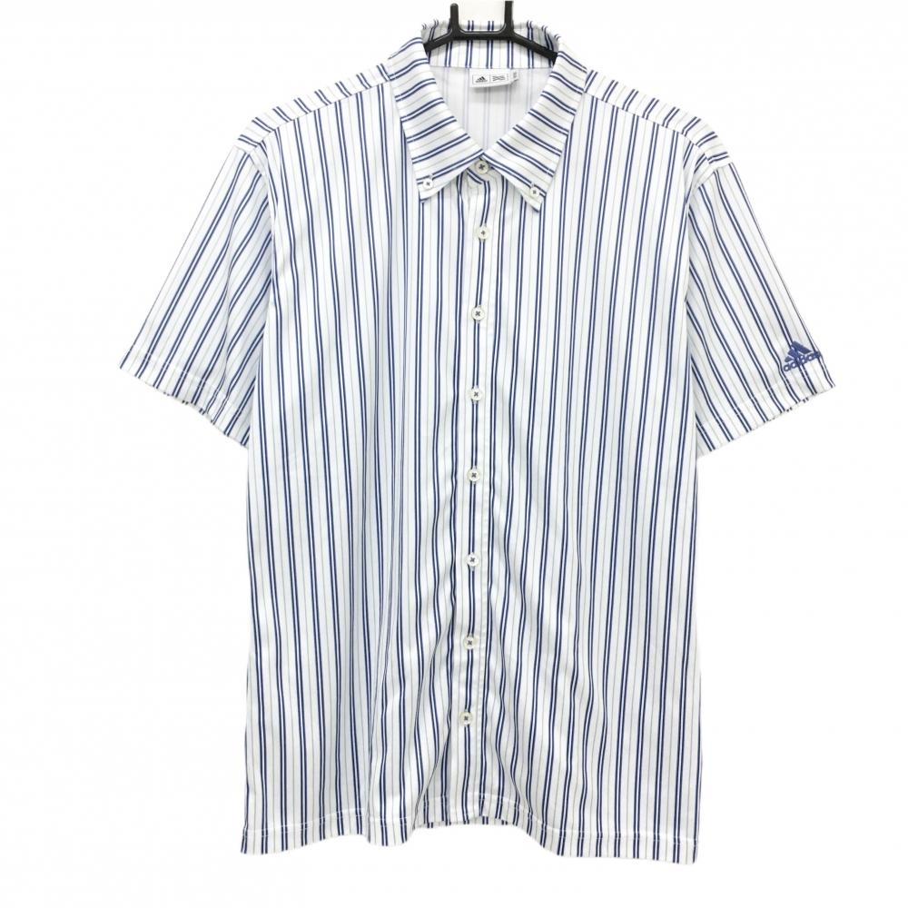 【美品】アディダス 半袖シャツ 白×ブルー ストライプ ボタンダウン メンズ O/XG ゴルフウェア adidas