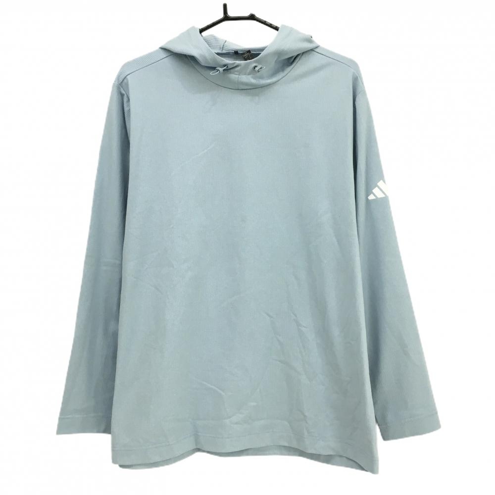 【超美品】アディダス フード付長袖シャツ ライトブルー 袖ロゴ ワッフル生地風 メンズ 2XL ゴルフウェア adidas