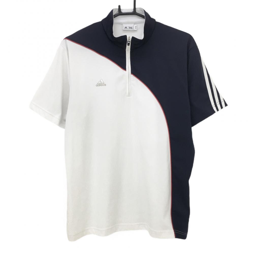アディダス 半袖ハイネックシャツ 白×ネイビー ハーフジップ 斜め切替  メンズ O/XG ゴルフウェア adidas 画像