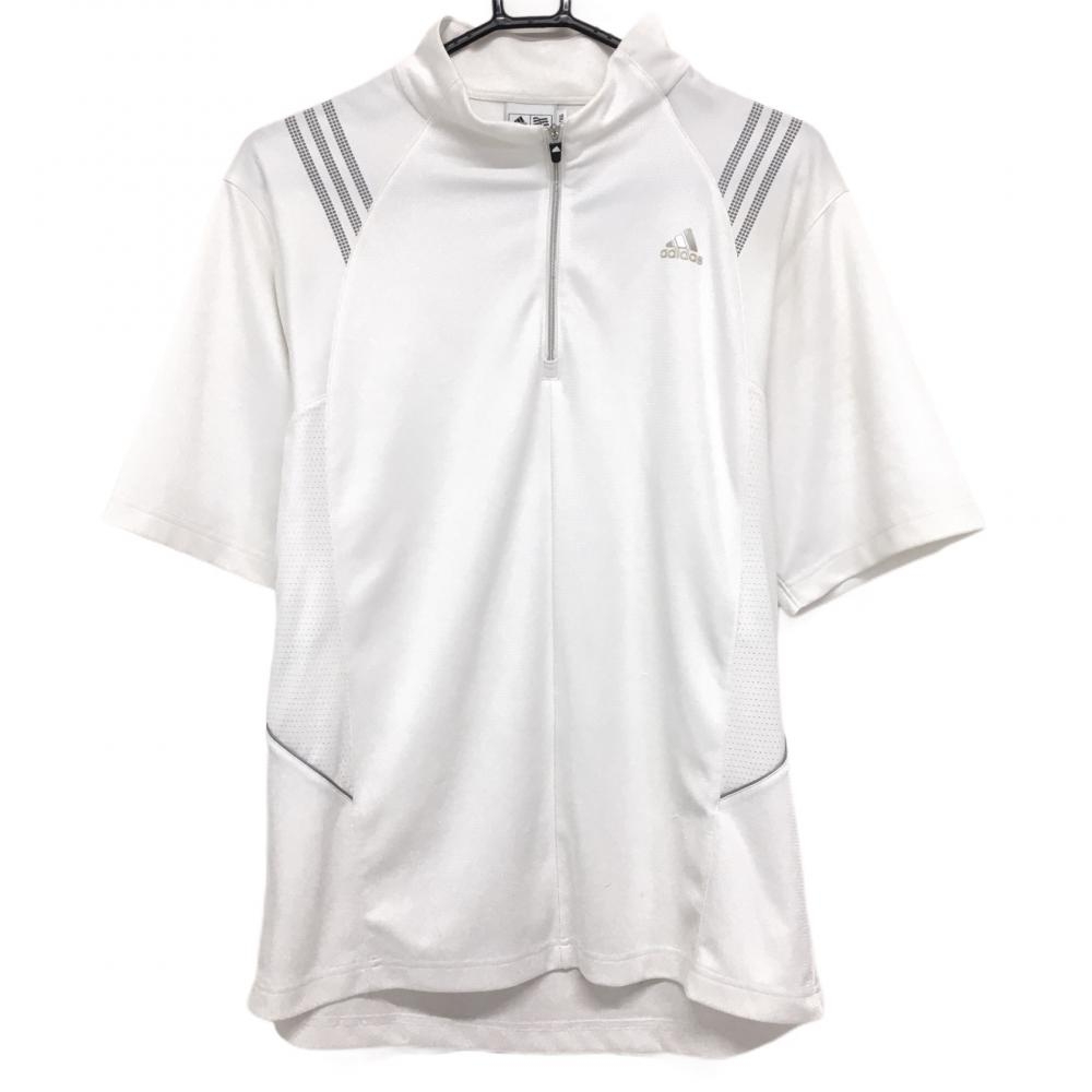 アディダス 半袖ハイネックシャツ 白×グレー ハーフジップ 肩3ライン メンズ O/XG ゴルフウェア adidas 画像