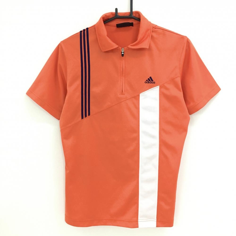 アディダス 半袖ハイネックシャツ オレンジ×白 織生地 ハーフジップ ロゴ刺しゅう メンズ M/M ゴルフウェア adidas