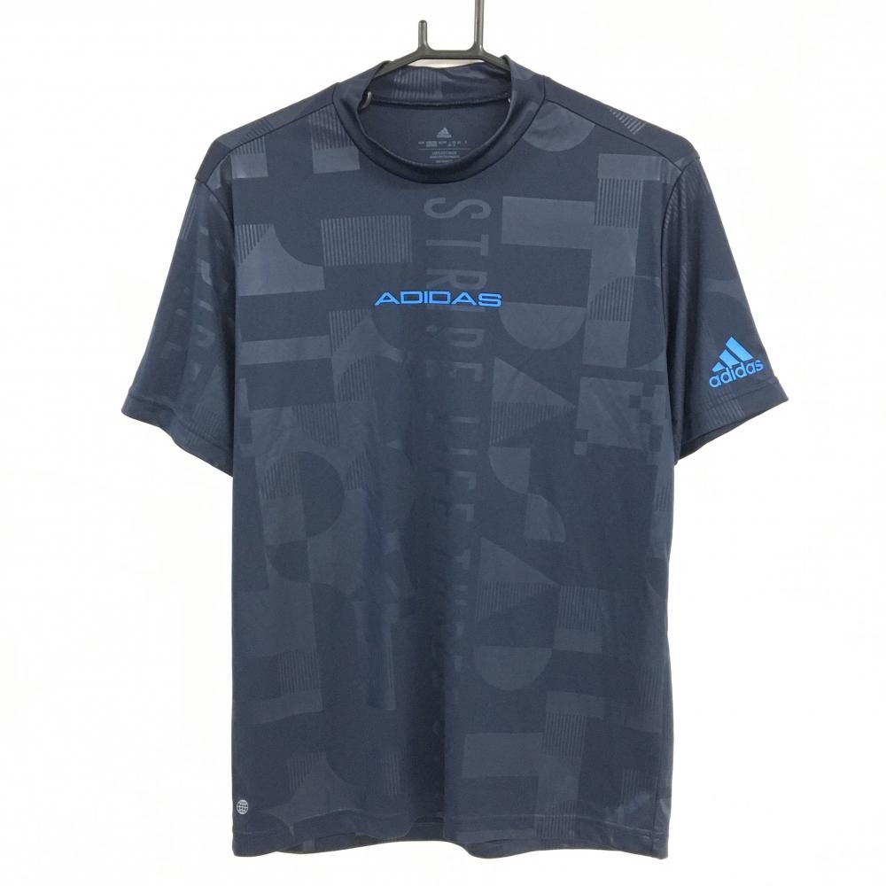 【超美品】アディダス 半袖ハイネックシャツ ネイビー 総柄 胸・袖プリント メンズ J/M ゴルフウェア 2022年モデル adidas