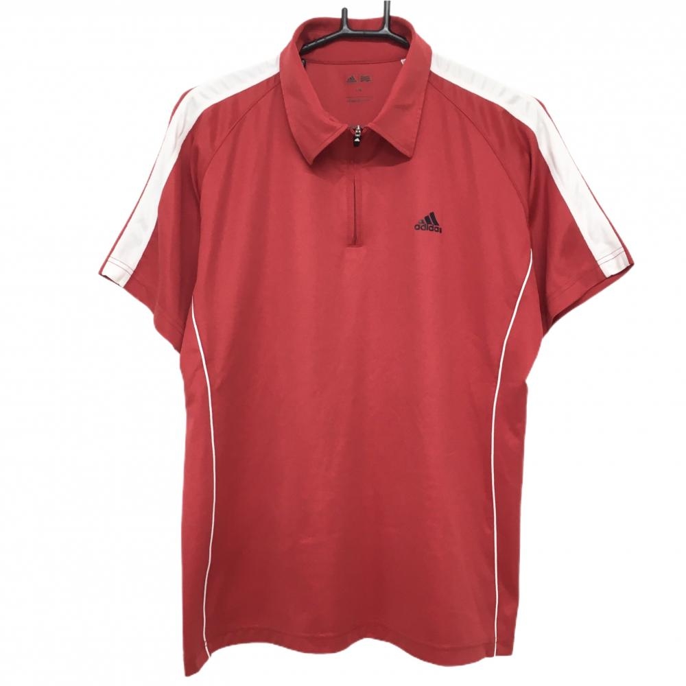 【美品】アディダス 半袖ハイネックシャツ レッド×白 袖ライン ハーフジップ  メンズ L/G ゴルフウェア adidas