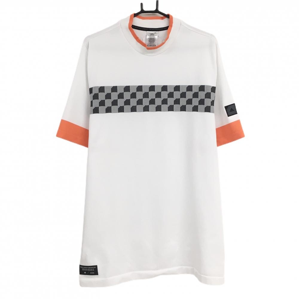 【美品】アディダス 半袖ハイネックシャツ 白×オレンジ 胸元ブロック柄風ライン  メンズ 2XL ゴルフウェア 大きいサイズ adidas