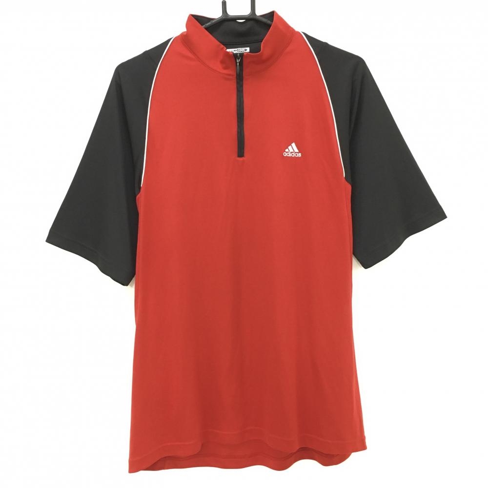 【超美品】アディダス 半袖ハイネックシャツ レッド×黒 クリマクール ハーフジップ メンズ O/XG(XL) ゴルフウェア adidas