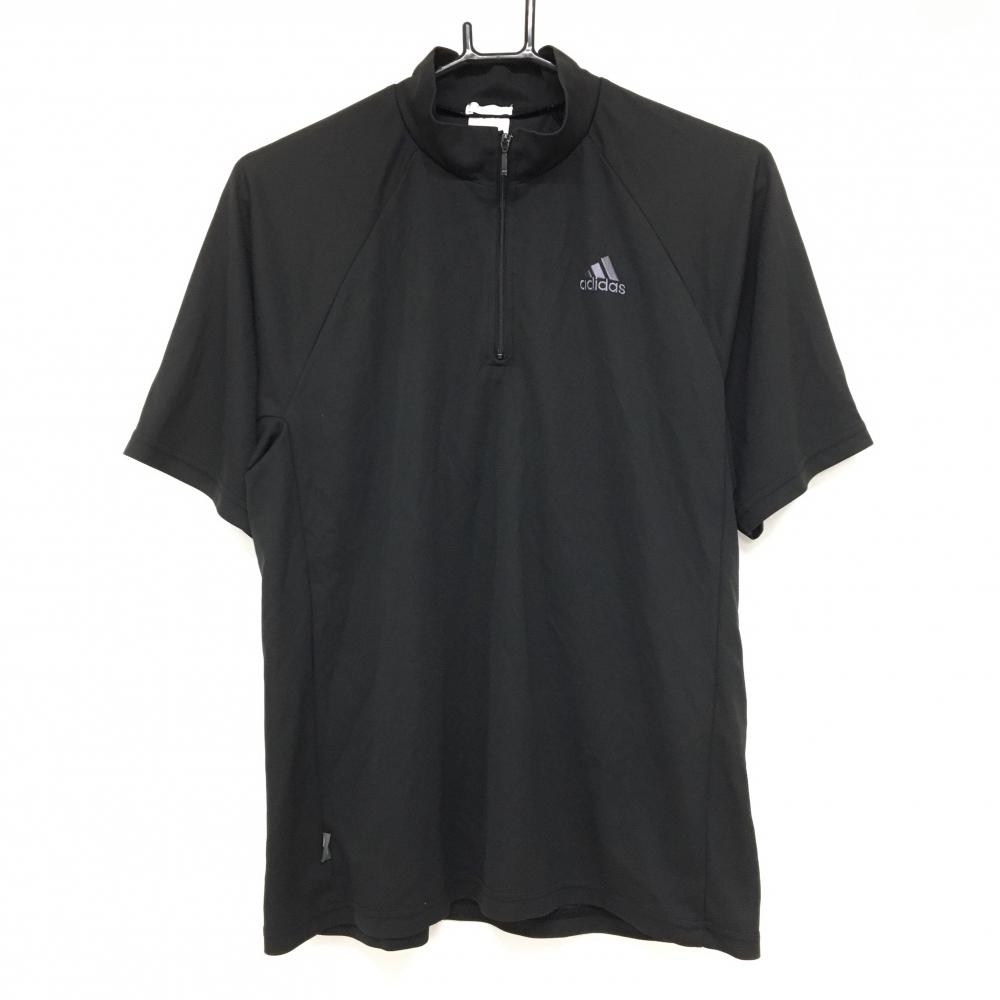 【超美品】アディダス 半袖ハイネックシャツ 黒 ハーフジップ ロゴ刺しゅう  メンズ L ゴルフウェア adidas