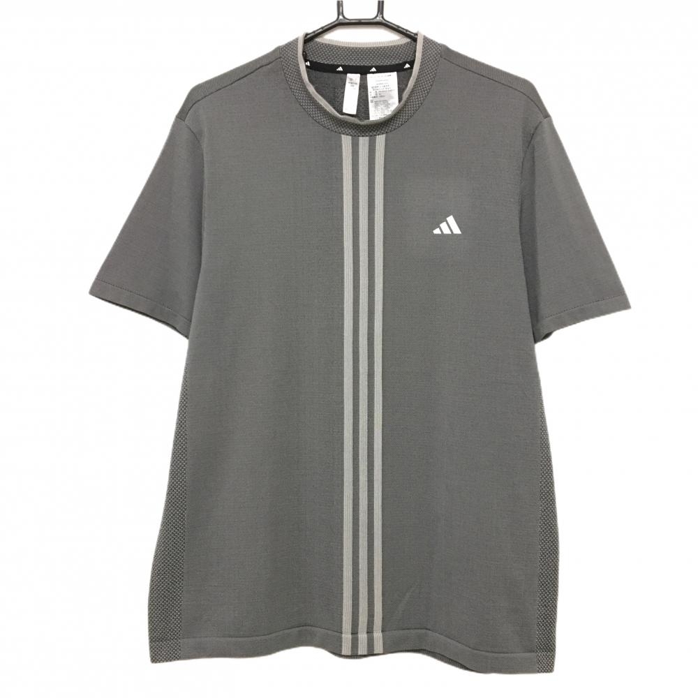 【超美品】アディダス 半袖ハイネックシャツ 杢黒×白 前面3ライン 背面総柄  メンズ 2XL ゴルフウェア 2023年モデル 大きいサイズ adidas