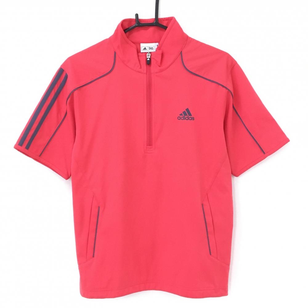 【超美品】アディダス 半袖ハイネックシャツ レッド×グレー 袖3ライン ハーフジップ  メンズ M/M ゴルフウェア adidas